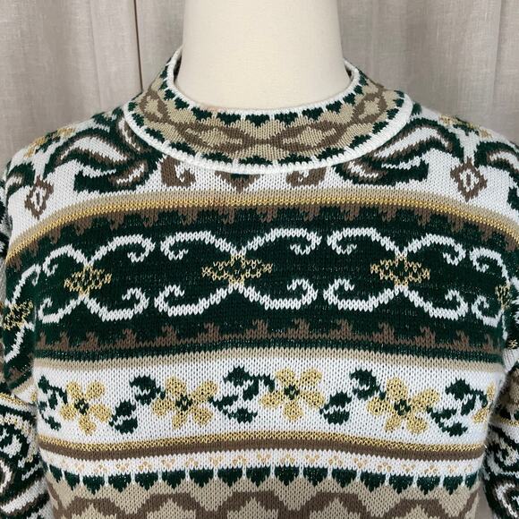 Vintage Sweater Womens Size Large White Green Brocade Mock Neck Knit 80s 90s - Picture 2 of 11